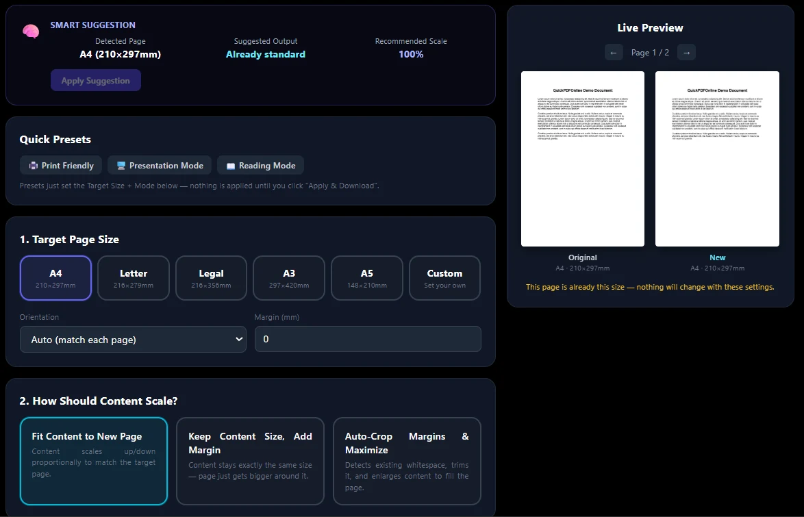 QuickPDFOnline Change PDF Page Size tool with Smart Suggestion, page size buttons, scaling modes and a live Original and New preview