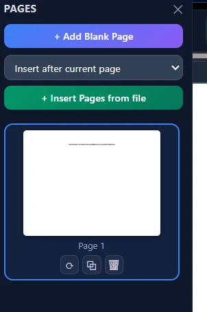 QuickPDFOnline PDF Editor Pages panel with Add Blank Page, Insert Pages from file, and page rotate, duplicate and delete buttons