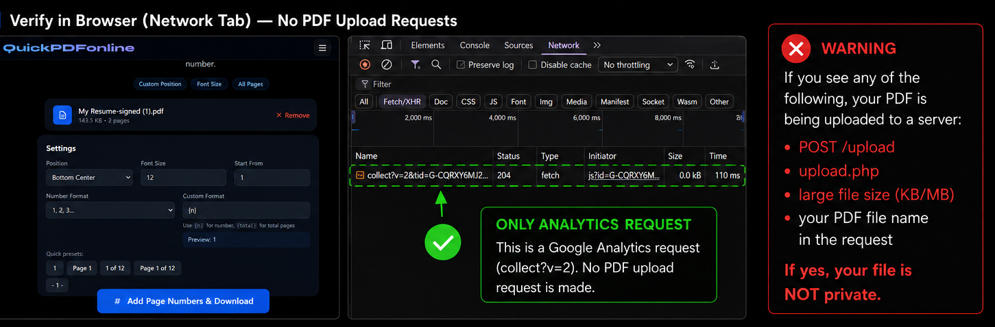 Chrome DevTools Network tab showing no PDF upload request while using QuickPDFOnline