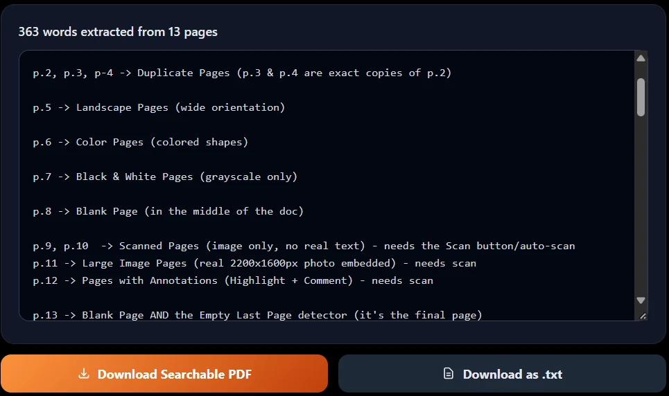 QuickPDFOnline OCR PDF results showing the extracted text, the word count, and buttons to download a searchable PDF or a .txt file