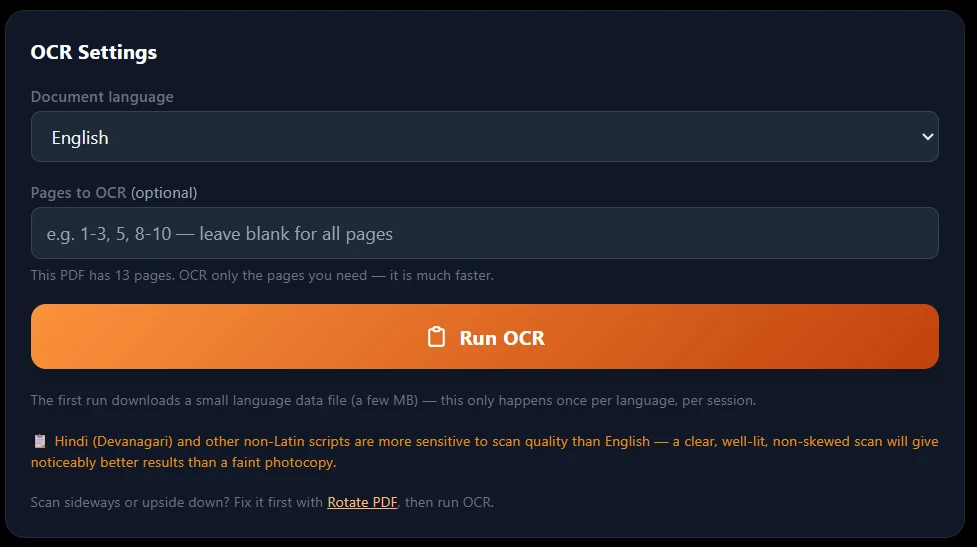 QuickPDFOnline OCR PDF settings with document language, pages to OCR and the Run OCR button