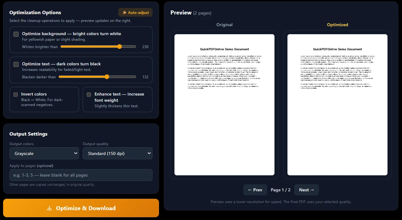 QuickPDFOnline Optimize Scanned PDF tool with cleanup options on the left and a side by side Original and Optimized preview on the right
