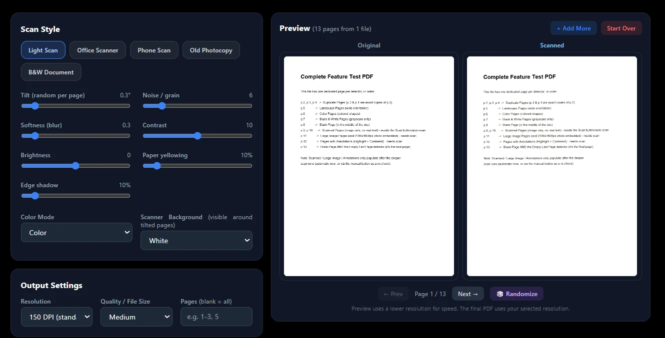 QuickPDFOnline PDF to Scan tool with scan presets, sliders and a side by side Original and Scanned preview